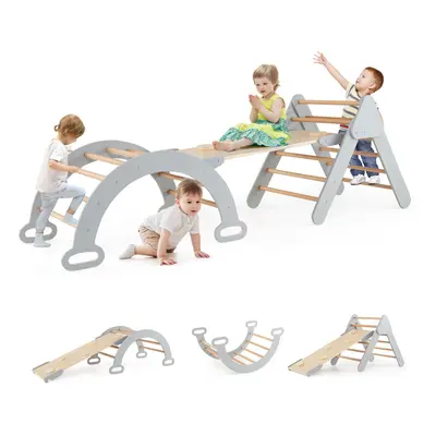 3-In-1 Kids Climbing Triangle Set Wooden Triangle Climber Set-Grey