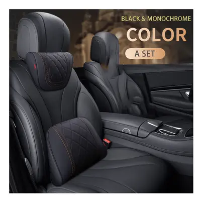 (Black-A Set) Car Leather Headrest Memory Foam Car Rest Pillow Back Cushion Auto Seat