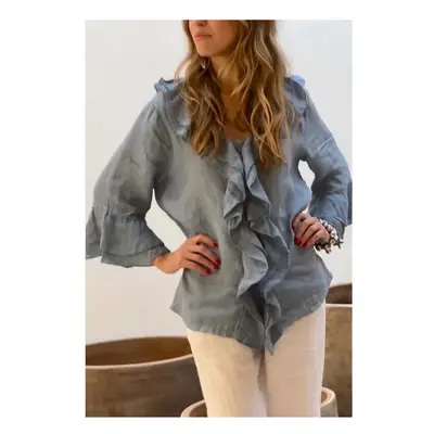 (Light Blue, XXL) Casual Vintage Solid Ruffle Shirts Top Women Spring Autumn Elegant V Neck Butt