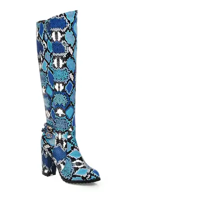 (blue, 42) Q/women&apos;s High Heel Boots Sexy Snake Skin Pattern Thick Heel Women&apos;s Boots 