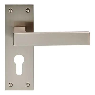 PAIR Straight Square Handle on Euro Lock Backplate x 50mm Satin Nickel