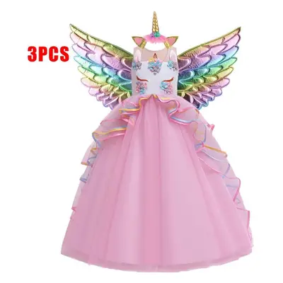 (pink, 150CM) Lace Unicorn Dress Party Birthday Flower Princess Dress With Headband Wing Childre