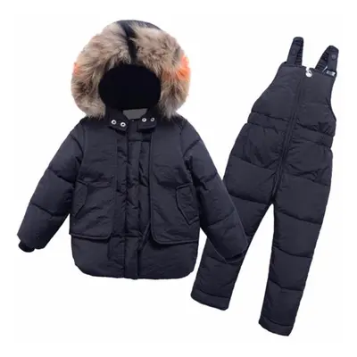 (black, 100) 2pcs Children&apos;s Clothes Sets Girls And Boys Winter Fur Hooded Jacket + Romper 