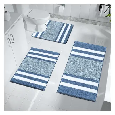 (Blue) Non Slip Pieces Bath Mats and Toilet Mat Set Super Water Absorbent Bath Rug Sets Machine 