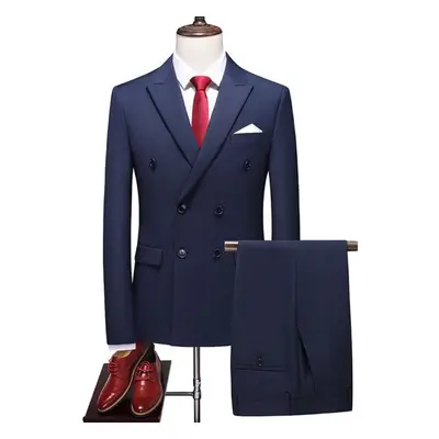 (navy blue, 6XL) Fashion Men&apos;s Business Double Breasted Solid Color Suit Coat / Male Slim W