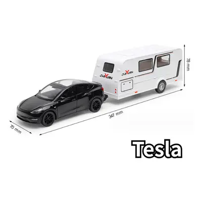 (Black Tesla) 1/32 Trailer RV Truck Toy Model Car Alloy Diecast Off-road Vehicle Camper with Sou