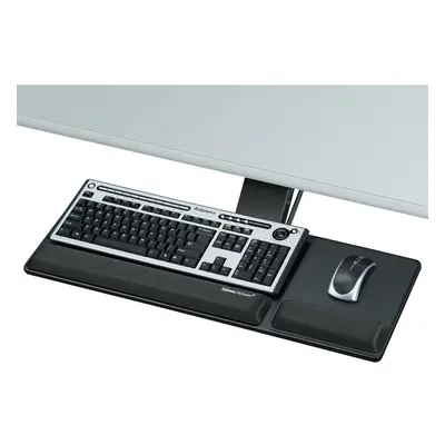 FULLY ADJUSTABLE TRAY ENHANCES COMFORT IN SMALLER WORKSPACES. LOOSEN SINGLE KNOB