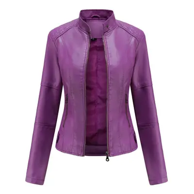 (violet, 3XL) Women&apos;s Slim Fit Spring Autumn Solid Color Long Sleeve Stand Collar Leather J