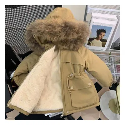 (beige, 150(9-10T)) Winter Girls&apos; Coat Thickened Plush Cotton Jacket Baby Boys Thickened Ki