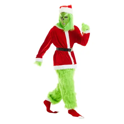 (S-M) Christmas Santa Suit Green Costume 7pcs Regular Cosplay Costume for Adults