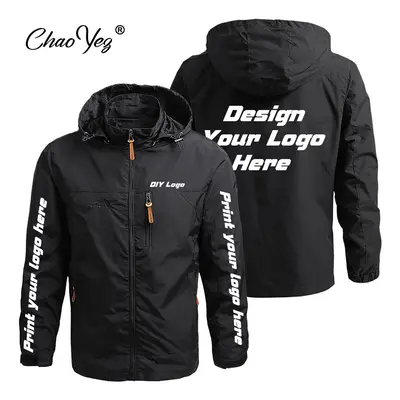 (Black, (EU XS)) DIY Autumn New Men Waterproof Hooded Custom Logo Windbreaker Jacket Coat Men Ca