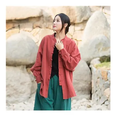 (Red, XL) Vintage Shirt Women New Chinese Style Frog Solid Simple Leisure Loose Comfortable Sing