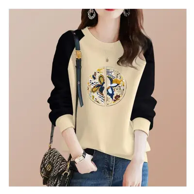 (APRICOT, L) Chinese Style Autumn Winner New T-shirt Women O-Neck Printing Patchwork Contrast Co