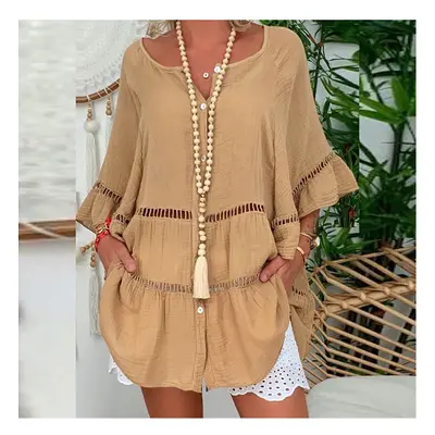 (Brown, XXL) Summer Loose Casual Women's Tops And Blouses Three Quarter Sleeve Cotton Linen Shir