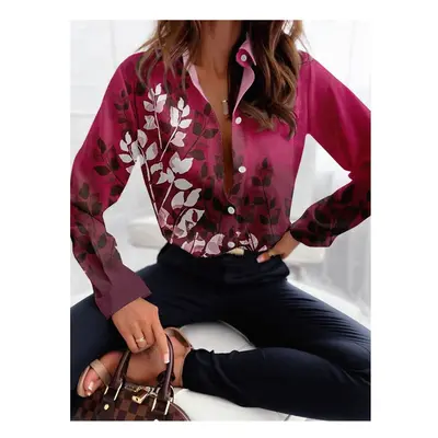 (B25SLTHA241212B, XL) Fashion Women's Button Top New Texture Printed Shirt Temperament Women's O