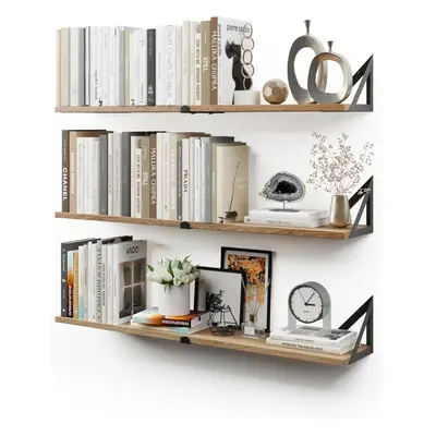 (Natural Large) Wall Mounted Floating Book Shelves for Wall Set of