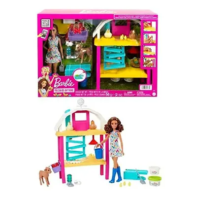 Barbie HGY88 Chicken Yard Play Set with Doll (Brunette), Animals and Various Accessories, Toy fo