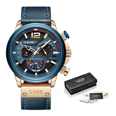 (Gold Blue) LIGE New Fashion Mens Leather Quartz Watch For Men Top Brand Luxury Wristwatch Water