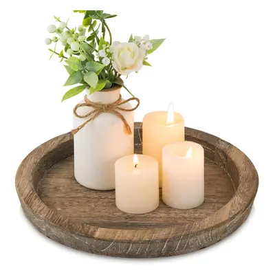 Hanobe Wooden Candle Holder Tray Round Decorative Plate Farmhouse Table Centerpiece Rustic Wood 