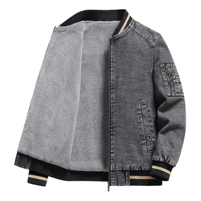 (grey, L) Autumn And Winter Denim Men&apos;s Jacket With Plush And Thickened Korean Version Lape