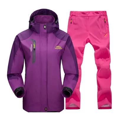 (Purple Rose Red, Asian Size 3xl) Outdoor Waterproof Hiking Jacket Set Women Spring Autumn Breat