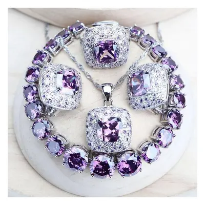 (purple, 9) Wedding Silver Color Jewelry Set For Women Bridal Cubic Zircon Rings/bracelets/earri