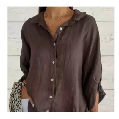 (Coffee, L) Cotton and line back lace up shirt blouse women fashion pure color long sleeve shirt