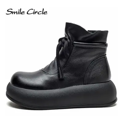 (black, 36) Genuine Leather Women Boots Side Zip Platform Ankle Boots Casual Fashion Thick Botto