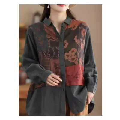 (One Size, dark grey) Johnature Women Vintage Print Floral Shirts Tops Button Spring Blouses But