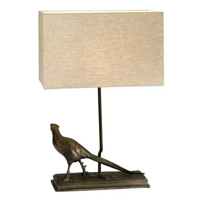 Table Lamp Pheasant Statuette Natural Hessian Shade Bronze Patina LED E27 40w