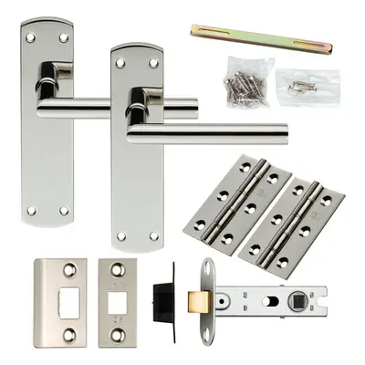 Door Handle & Latch Pack Polished Steel Straight Mitred Lever Slim Backplate