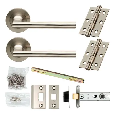 Door Handle & Latch Pack Satin Steel Slim Straight Lever Screwless Round Rose