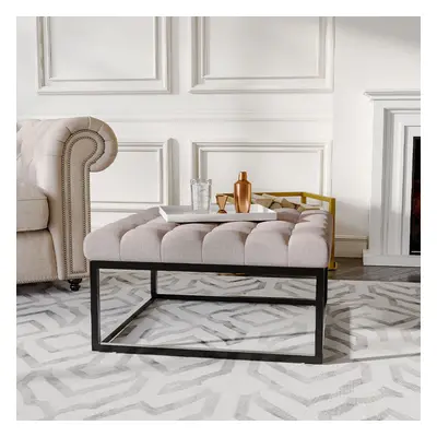 (Beige) Square Linen Footstool with Metal Frame