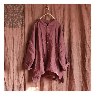 (purple, One Size) Johnature Women Vintage Linen Button Coats Stand Solid Color Long Sleeve Loos