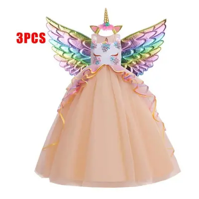 (champagne, 130CM) Lace Unicorn Dress Party Birthday Flower Princess Dress With Headband Wing Ch