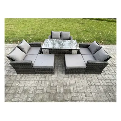 Fimous High Back Outdoor Garden Furniture Rattan Sofa Dining Table Set with Big Footstool Dark G