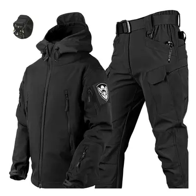 (Black Suit X7, 4XL 105-115kg) Waterproof Hiking Tracksuit Set for Men Sharkskin Army Jackets Ca