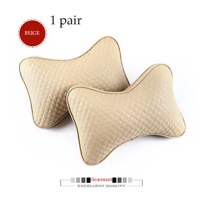 (Beige pair3) Pair Luxury Linen Material Car Headrest Pillow Unisex Breathable Auto