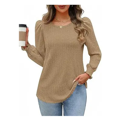 (XL, Khaki) Women Round Neck Elegant Knitted Top Women Versatile Long Sleeve Casual Shir