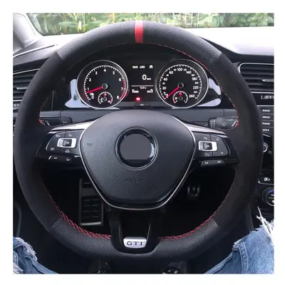 (Blue Thread) Non-Slip Black Genuine Leather Suede Car Steering Wheel Cover Braid DIY