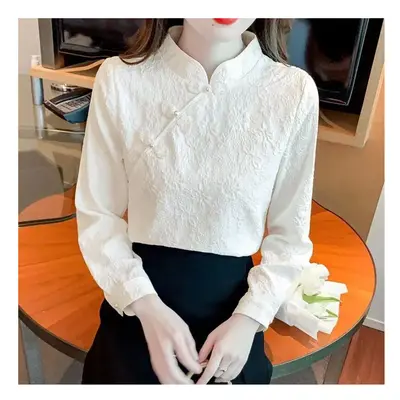 (APRICOT, XL) Retro Buttoned Long-sleeved Shirt for Women Spring New Style New Chinese Style Inn