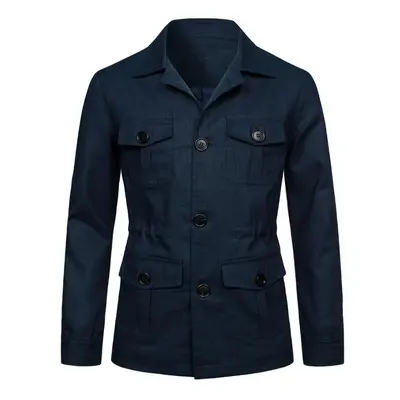 (navy blue, 2XL) Mens Coats Safari Jacket Linen British Retro Gentry Suit Pockets Outerwear Fash