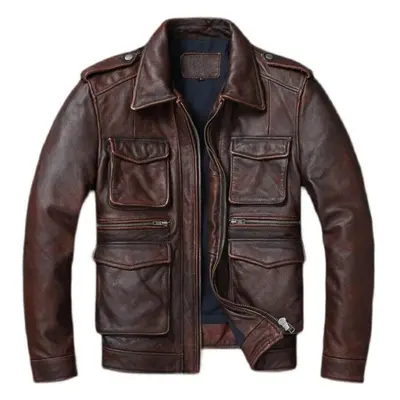 (red-brown, 2XL) Chinese Size Vintage Red Brown Genuine Leather Jacket Men Soft Real Cowhide Bla