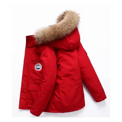 (Red, L) New couple hooded large fur collar cargo men's and women's down jackets