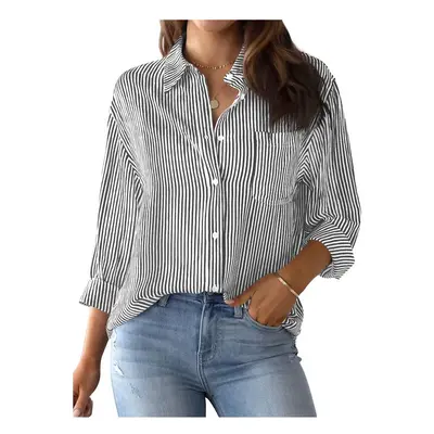 (B25SHH01517303, 3XL) Women's Shirt Blouse Pink Striped classic Print,Button Long Sleeve Casual 