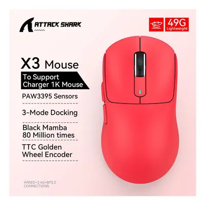 (X3 1K Red) Attack Shark Wireless Mouse, Macro Gaming Mouse,Lightweight Mouse,PixArt PAW3395 650