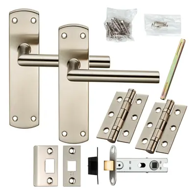 Door Handle & Latch Pack Satin Nickel Modern Mitred Lever on Round Backplate