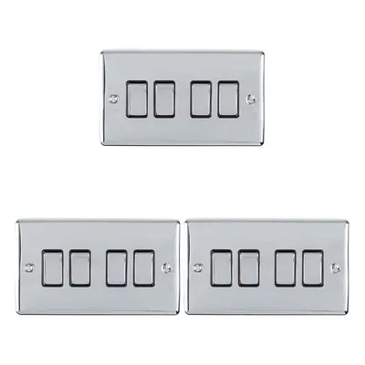 3 PACK Gang Metal Quad Light Switch POLISHED CHROME Way 10A Black Trim