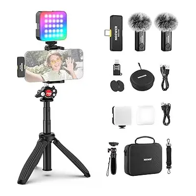 Neewer Vlogging Kit for Phone with RGB LED Light/Lavalier Wireless Microphone System/Selfie Stic