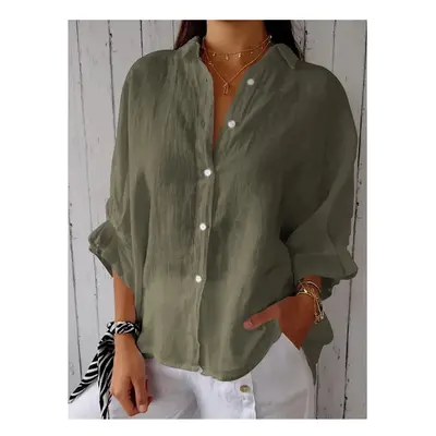 (army green, S) Cotton and line back lace up shirt blouse women fashion pure color long sleeve s